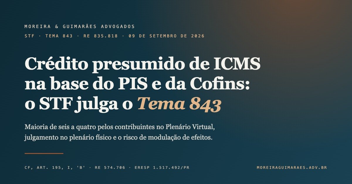 Arte editorial em fundo azul-petróleo com o título Crédito presumido de ICMS na base do PIS e da Cofins e a expressão Tema 843 em destaque cobre, assinada pela Moreira & Guimarães Advogados.